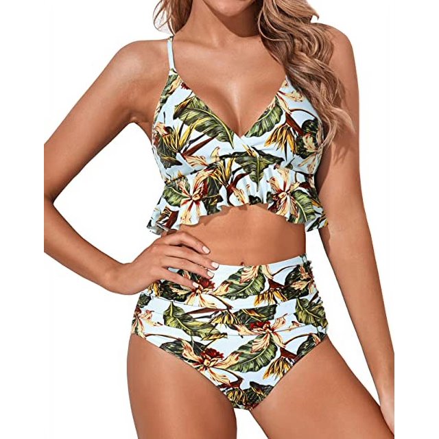 Women Two Piece Swimsuits High Waisted Ruffle Flounce Bikini V Neck Tummy Control Bathing Suit Green Leaves (M