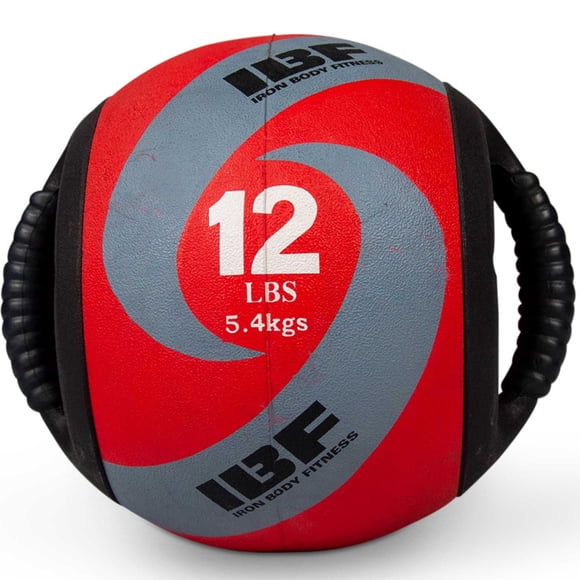 Iron Body Fitness Dual-Grip Medicine Ball, 12 lb Rubber Exercise Ball with Built-In Handles, Red