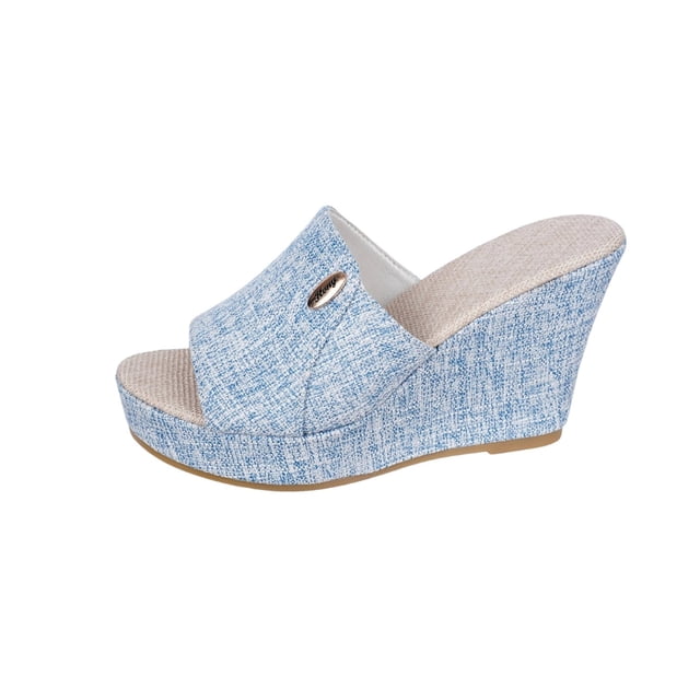 WLOELOEW Women'S Plus-Size Peep-Toe Wedge Sandals For Outdoor Summer Activities Light Blue Cloth Material Size 6 Us 9.25 Inches