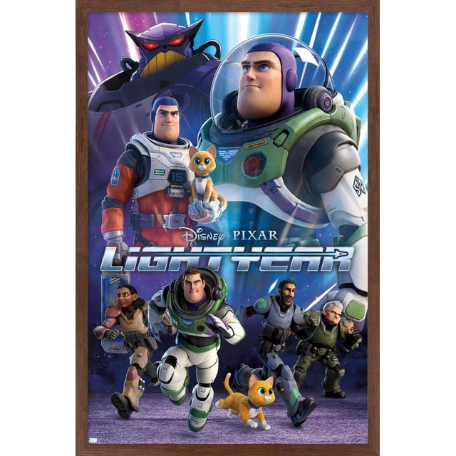 Disney Pixar Lightyear - Group Wall Poster with Magnetic Frame, 22.375" x 34" featuring Buzz Lightyear in his white and green space suit running with other futuristic armored characters and an orange cat with a blue collar, set against a cosmic starry background with light beams, framed in a wooden magnetic frame ideal for home décor and wall art.