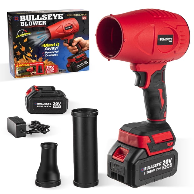 Bullseye Blower rechargeable cordless leaf dust air blaster with 24,000 RPM, featuring a red and black ergonomic handheld design powered by a 20V 3.0Ah lithium-ion battery. Includes two black extension nozzles, battery charger, and packaging box showing leaf blowing use for outdoor power equipment.