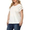 thumbnail image 4 of Agnes Orinda Women's Plus Size Easter Tops Lace Panel Hollow Short Sleeves Summer Solid Blouses 3X White, 4 of 6