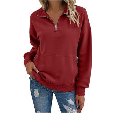 Chandail à Demi-Glissière pour Femmes, Comdrip Chandail pour Femmes Décontracté à Manches Longues Demi-Glissière Chandail Léger Décontracté Ample Mode Chandails pour Femmes Demi-Glissière Rouge m