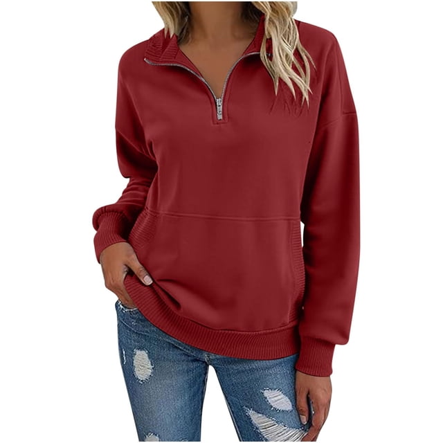 Chandail à Demi-Glissière pour Femmes, Comdrip Chandail pour Femmes Décontracté à Manches Longues Demi-Glissière Chandail Léger Décontracté Ample Mode Chandails pour Femmes Demi-Glissière Rouge m