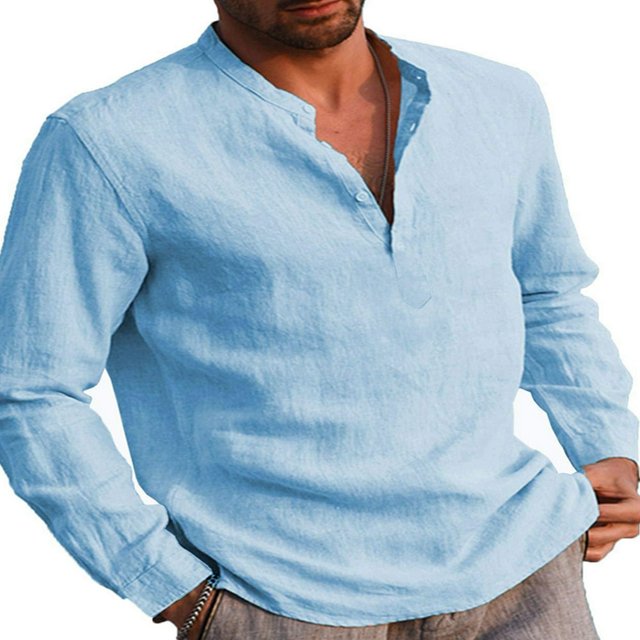 Mens Long Sleeve Button T Shirts Casual Plain Pullover Tops Loose Basic Tee