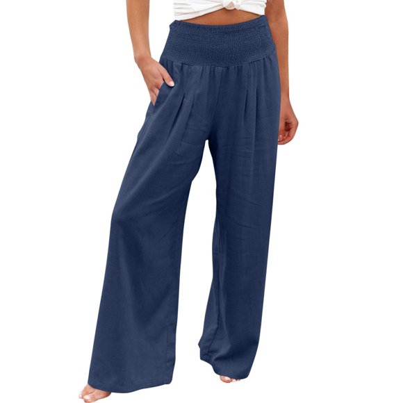 Pantalon Jambe Grand pour Femmes Grande Taille Décontracté Couleur Unie Confortable Taille Haute Pantalon pour Femmes Mode Coupe Ample Quotidien Tendance Pantalon pour Femmes Droit Léger Fête Vacances Plage Pantalon (Navy,L)