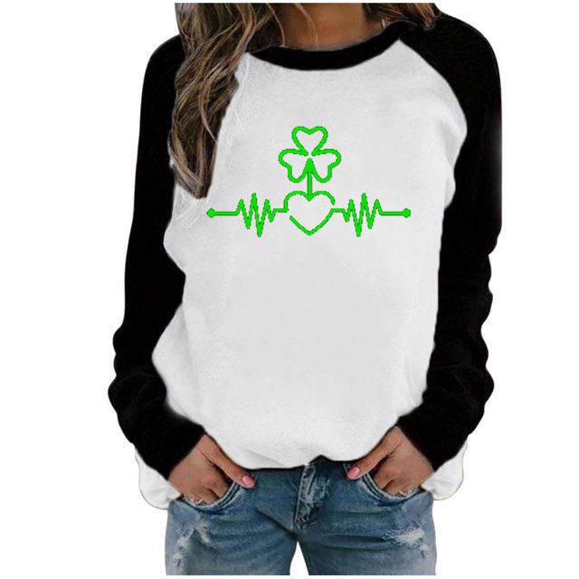 CEHVOM Women's Spring Patchwork St. Patrick's Day Printed Long Sleeves Round Neck Casual Tee Tops