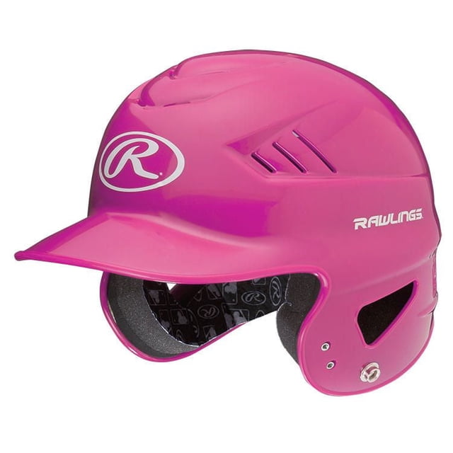 Rawlings Coolflo Pink T-Ball Helmet with bright pink double ear design, 15 air vents for cooling, dual density foam lining for comfort and protection, pre-drilled for face guards, and Rawlings logos on front and side, suitable for youth T-ball players.