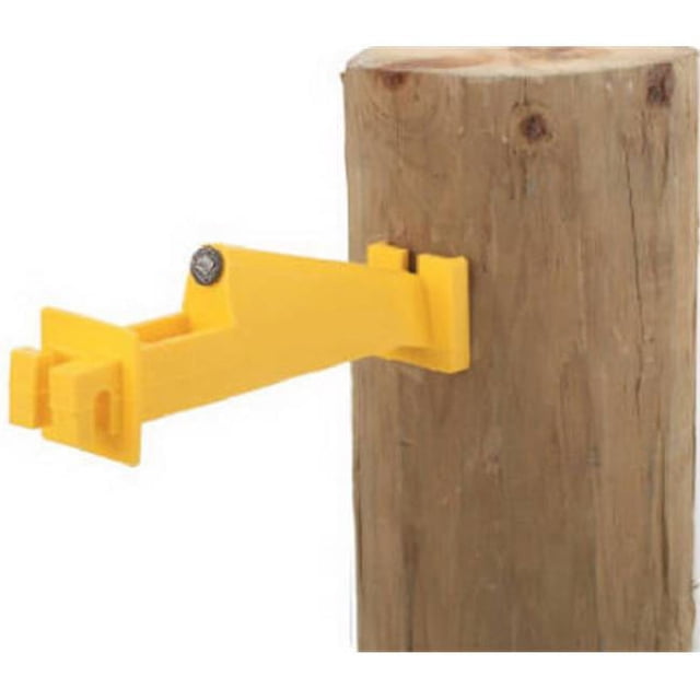 Dare Products Inc WOODEX-5WP-15 Wood Post Insulator Extender in yellow, designed to hold electric fence wire 5 inches from a wooden post. The image shows a single yellow insulator extender securely attached to a wooden post. Pack of 15.