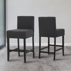 Counter Height Bar Stools Set of 2, Bar Stools with Footrest, Linen Fabric Upholstered Barstools with Back and Solid Wood Legs for Kitchen Island, Dining Room,Pub,Dark Gray