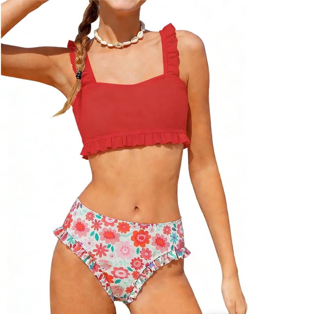RXMEKW Two-Piece Swimsuit Set With Floral Print for Girls, Kids' Ruffle Bikini, UPF 50+ Sun Protection, Soft Stretch Fabric for Beach and Pool