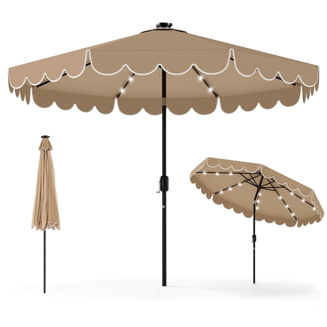 Gymax 9.3 FT Solar Patio Umbrella w/ 32 LED Lights & Vented Top & Ruffles Coffee