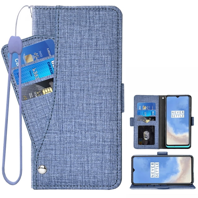 OnePlus 7T Case, iCoverCase Genuine Leather Wallet Case Slim Fit Folio Book Design with Stand and Card Slots Flip Case Cover for OnePlus 7T (Blue)