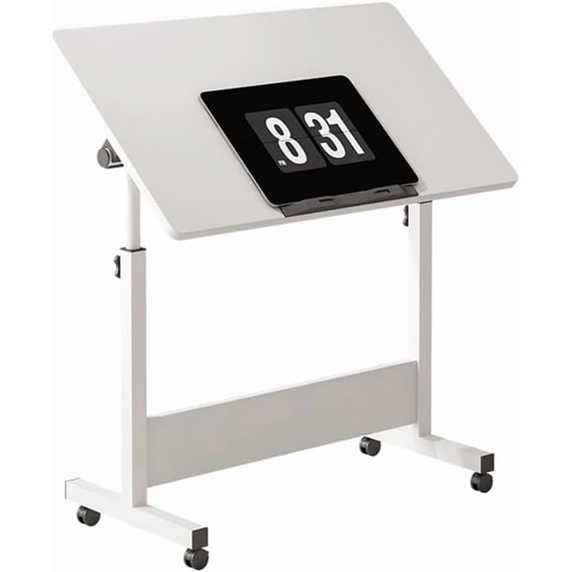 Royalbelle Adjustable Height Standing Desk, a foldable mobile workstation with a white MDF board desktop and steel frame. The desk features an adjustable height range of 65cm to 87cm, a foldable panel that flips 0 to 90 degrees, and lockable 360° swivel wheels for portability. Compact size of 80 x 40cm, suitable for use as a portable desk, rolling desk, or computer workstation in home or office settings.