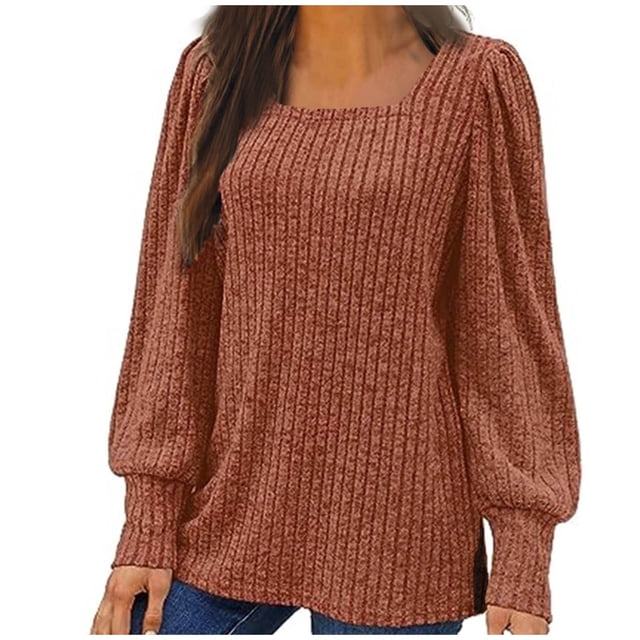 Meichang Puff Long Sleeve Shirts for Women Plus Size Square Neck Ribbed Knit Tops Solid Loose Fit Side Slit Hem Blouses Spring Trendy Women Tunic Tops