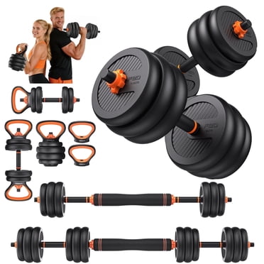 UPGO Ensemble d'Haltères Réglables, Ensemble de Poids Libres de 50 Lb avec Barre de Connexion, Équipement d'Entraînement 5 en 1 avec Haltère, Kettlebell, Barre, Poignée de Pompes, Disque de Poids, pour Exercice de Mise en Forme à la Maison