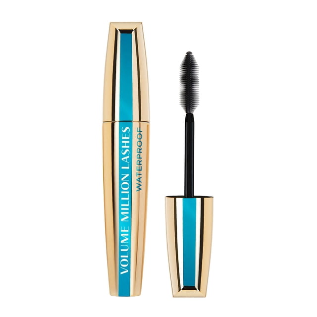 L'Oréal Paris Voluminous® Million Lashes™, Waterproof Mascara, Black, 10 mL, with a gold and turquoise tube and a detachable cap exposing a black bristle Millionizer brush designed for amplified volume, clump-free lashes, and smudge-proof wear, suitable for sensitive eyes and contact lens users.