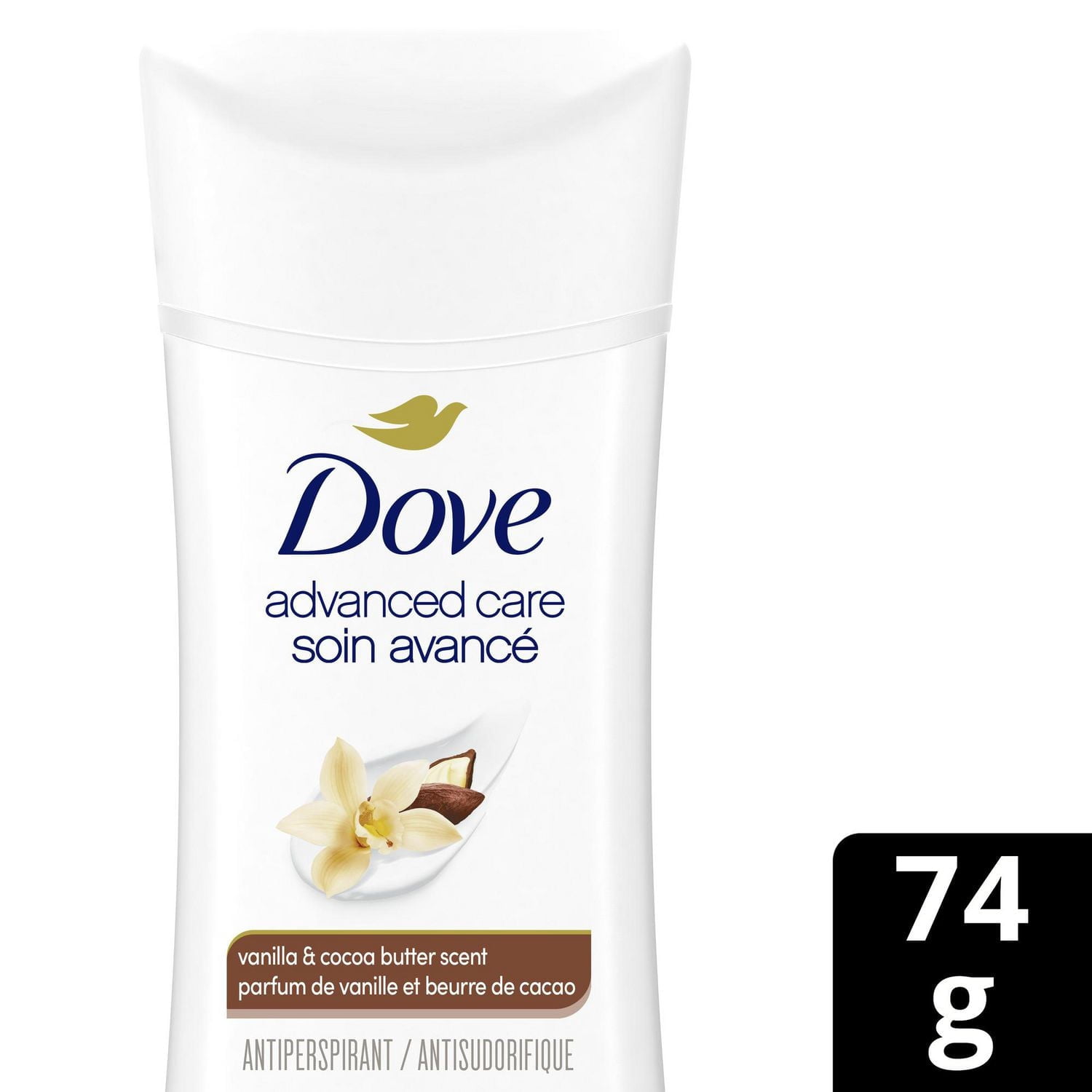 Dove Soin Avancé Désodorisant Antisudorifique Vanille et Beurre de Cacao, 74 g
