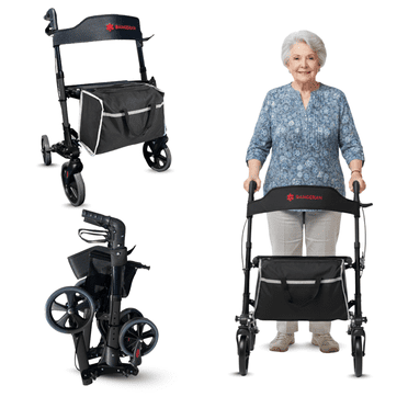 Déambulateur Tout-Terrain à 4 Roues Pliable et Léger pour l'Extérieur avec Siège Ergonomique - Déambulateur à Roulettes Compact de 20 Lb pour Aînés, Adultes et Personnes Âgées - Gris Foncé