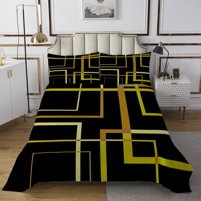 YST Abstract Geometry Bedspread Queen Size Rectangle Square Quilt Set, Black and Yellow Coverlet Set Modern Minimalist Bedding Set, Aesthetic Bed Cover Kids Teens Room Decor