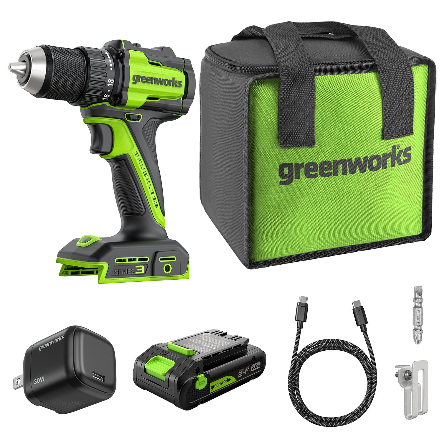 Greenworks 24V Cordless Brushless 400 in-lbs Drill / Driver, Lightweight, LED Work Light,18+1 Clutch, 2.0Ah USB-C Battery (12,000mAh Power Bank),30W USB-C Charger and USB C to USB C Cable(3.3FT)