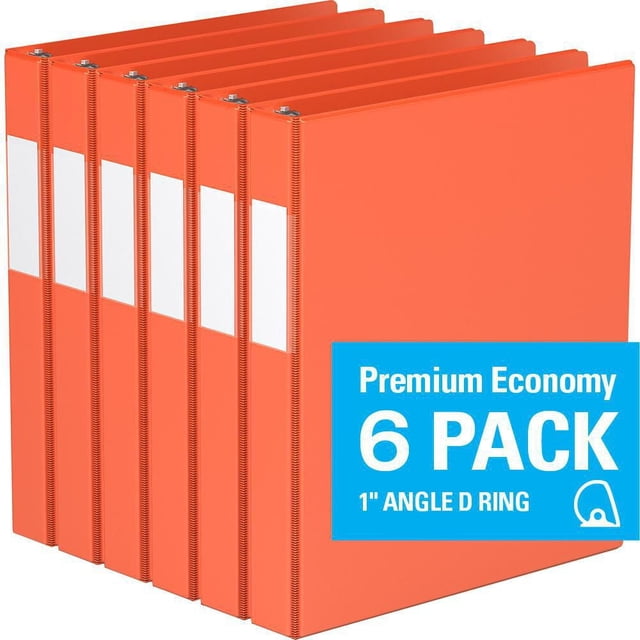 Premium Economy 6 Pack of Davis Group 1" D Ring binders in orange with white spine label holders and reinforced edges, ideal for office and school document organization.