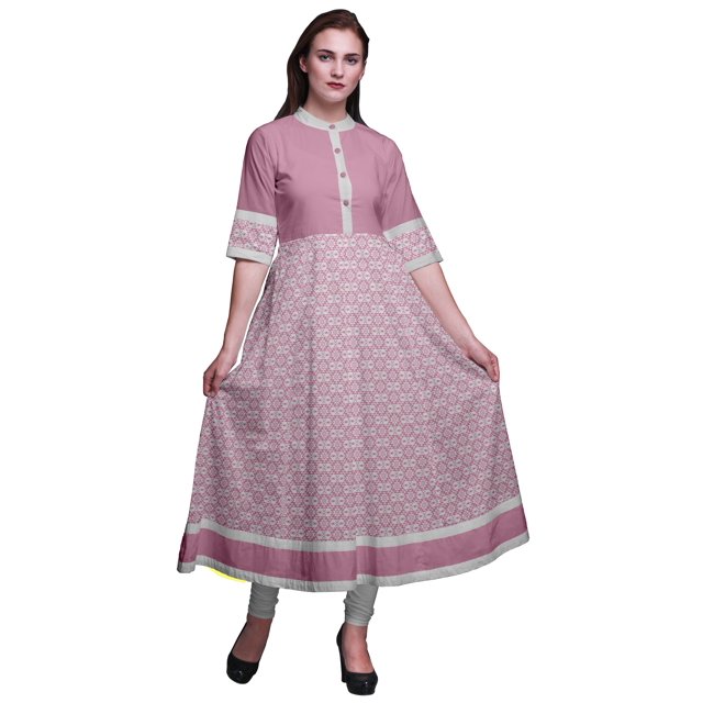 Bimba Pink Aztec Ikat Print Long Flared A Line Indian Kurtis For Women Party Wear Anarkali Kurta-XSmall