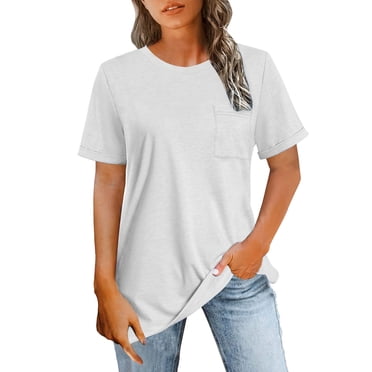 Olyvenn Womens Short Sleeve T Shirts Summer Casual Crew Neck Tops with Pocket Trendy Plain Tshirt Loose Fit Basic Cotton Tee White M