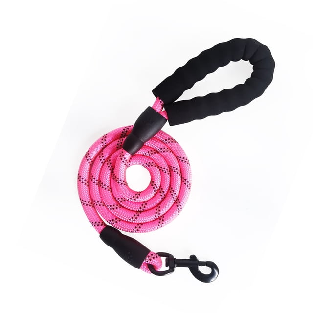 6.5FT Dog Leash with Comfortable Padded Handle and Highly Reflective Threads for Medium and Large Dogs. This pink nylon rope leash features a 1/2-inch diameter with a durable anti-bite layer and a heavy-duty zinc alloy clip with a 360-degree swivel design. The leash includes a soft EVA foam padded handle for comfort and reflective threads for night safety. Suitable for walking, running, or training medium to large dogs such as Labradors, Golden Retrievers, and German Shepherds.