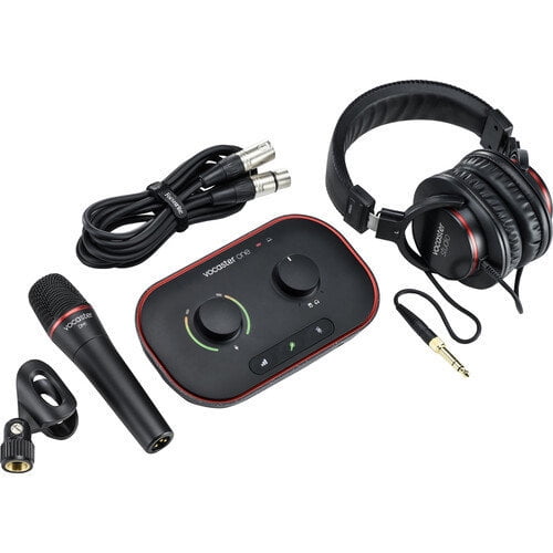 Focusrite Vocaster One Studio 1-Person Podcasting Kit with Vocaster One audio interface, dynamic microphone featuring built-in grille and pop filter, closed-back HP60v headphones, and XLR cable. Designed for podcasting with broadcast-quality sound, Auto Gain, Enhance presets, and mute functionality.