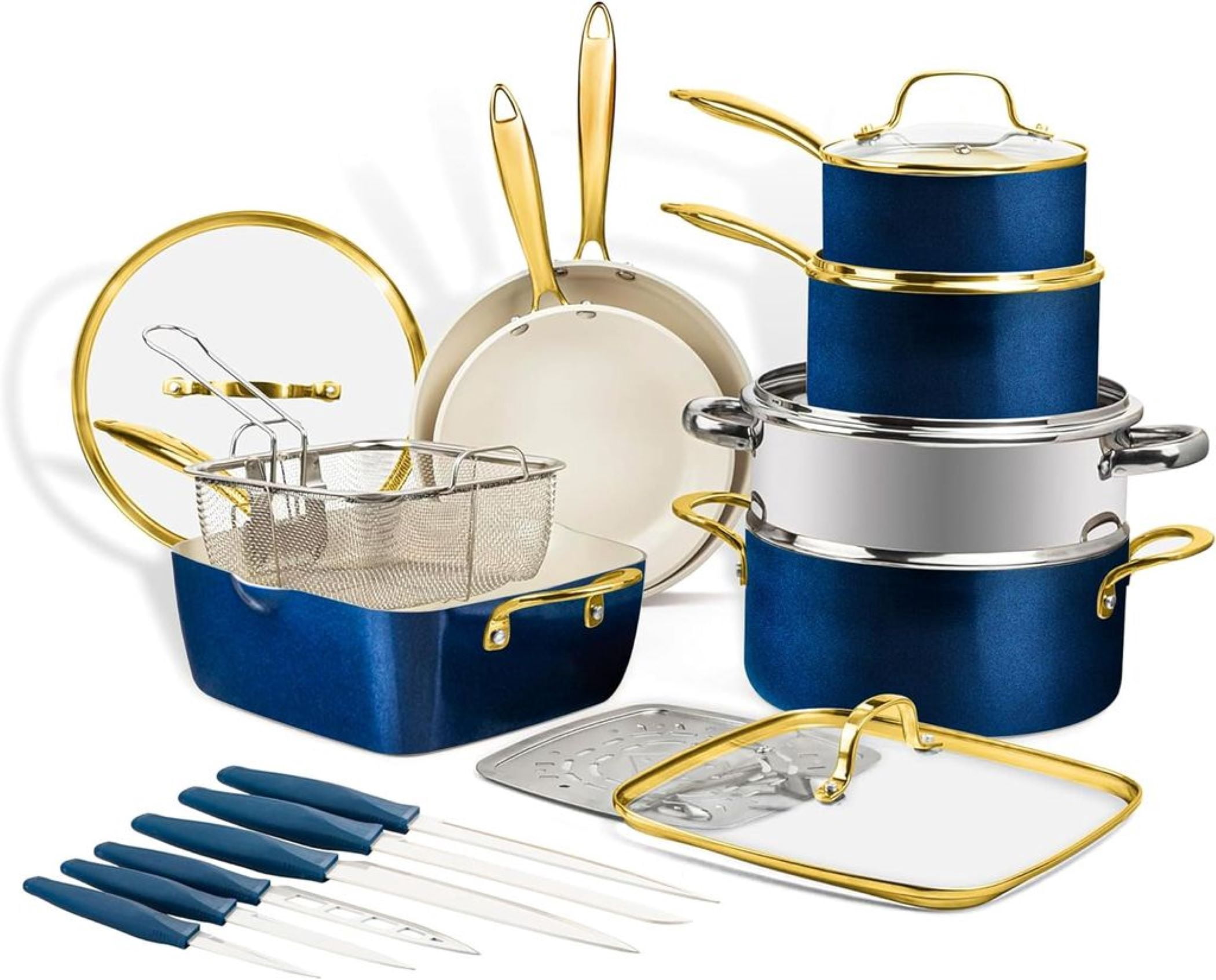Gotham Steel Naturals Cream Navy 20 Piece Gold Handle Nonstick Ceramic Cookware and Knife Set Oven and Dishwasher Safe