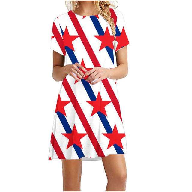 LNGOOR Robes d'Été de Jour de l'Indépendance pour les Femmes à Manches Courtes Étoiles Rayures Imprimées Casual Col Rond une-Ligne Mini Robe