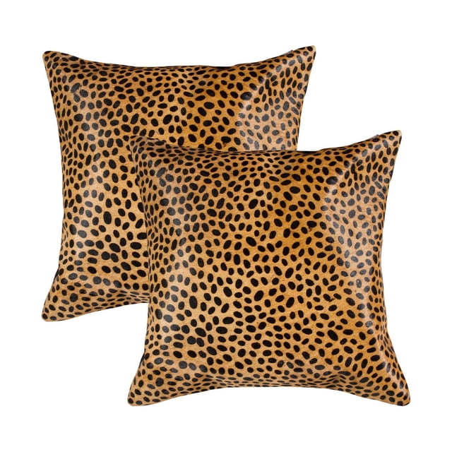 TORINO TOGO QUATTRO COWHIDE PILLOW 18"X18" 2-PACK with two square throw pillows crafted from 100% natural Indian cowhide in a black spotted pattern on tan, hand-stitched with hidden zipper closures and ultra-soft microsuede backing, ideal for layering in home décor to add warmth and texture.