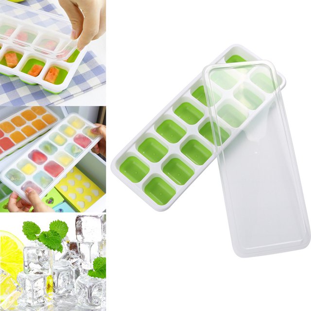 EGNMCR Ice Cube Tray 1 Pc Covered Ice Tray Set With 14 Ice Cubes Molds Flexible Rubber Plastic Ice Cube Trays