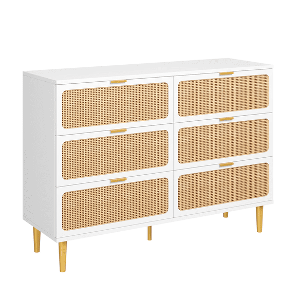 6 Drawer Rattan Tall Dresser with Deep Storage and Wide Top, Modern Wooden Cabinet Organizer for Bedroom Entryway Hallway, Natural Black White