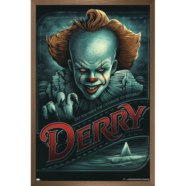IT - Pennywise Derry Affiche Murale, 14,725 Po x 22,375 Po Encadrée Présentant une illustration Stylisée Orientée vers l'Avant de Pennywise aux Cheveux orange Vif et à la Peau Bleu-Vert Fissurée, Se Tendant vers l'Avant avec des Mains Griffées. l'Arrière-plan Sarcelle Foncé Met en Valeur un Texte « Derry » Rouge Audacieux et un Bateau en Papier Étiqueté « S.S. George » au Bas, le Tout Encadré en Bois Brun Moyen