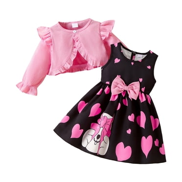 Splozh Robe de Noël pour Tout-Petite Fille, Robe pour Tout-Petites Filles avec Ensemble Cardigan, Petite Fille Robe Sans Manches à Fleurs, Manteau à Volants, Tenue Bébé à Manches Longues Rose, 2-3 Ans