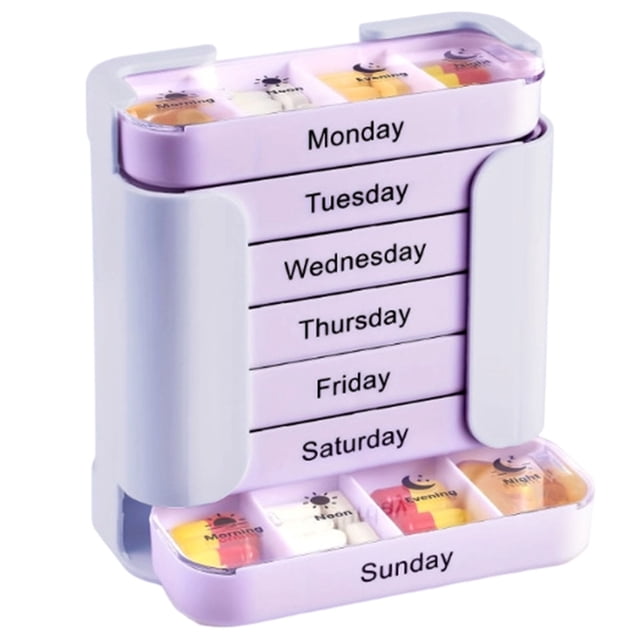 7 Day Weekly Pill Organizer ABS PC Material 7 Stackable Compartments 4 Times a Day Morning Noon Evening Bedtime Medicine Storage Box