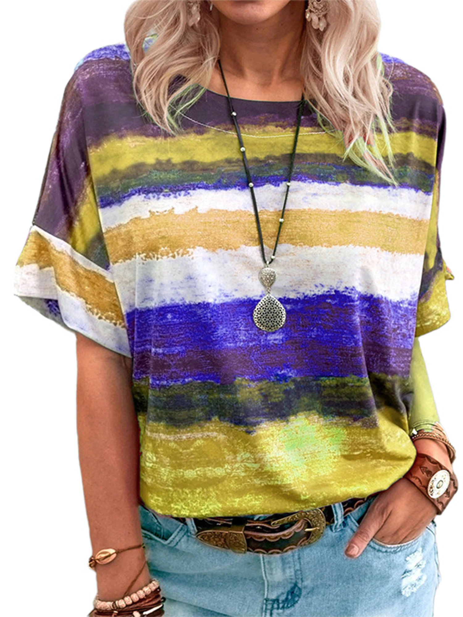 Innerwin Hauts à Rayures T-Shirt Femme Tenue d'Intérieur Manches Courtes T-Shirt Ample Jaune TTG
