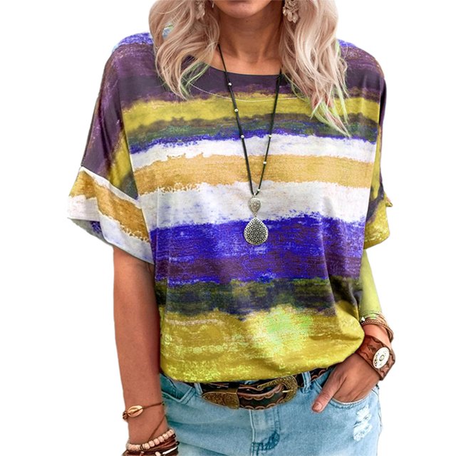 Innerwin Hauts à Rayures T-Shirt Femme Tenue d'Intérieur Manches Courtes T-Shirt Ample Jaune 4TG