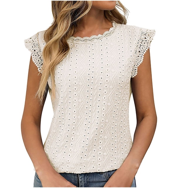 Timegard Camisole à Oeillets pour Femmes, Manches Courtes en Dentelle, Col Rond, T-Shirt d'Été Chic Décontracté, Tunique Confortable