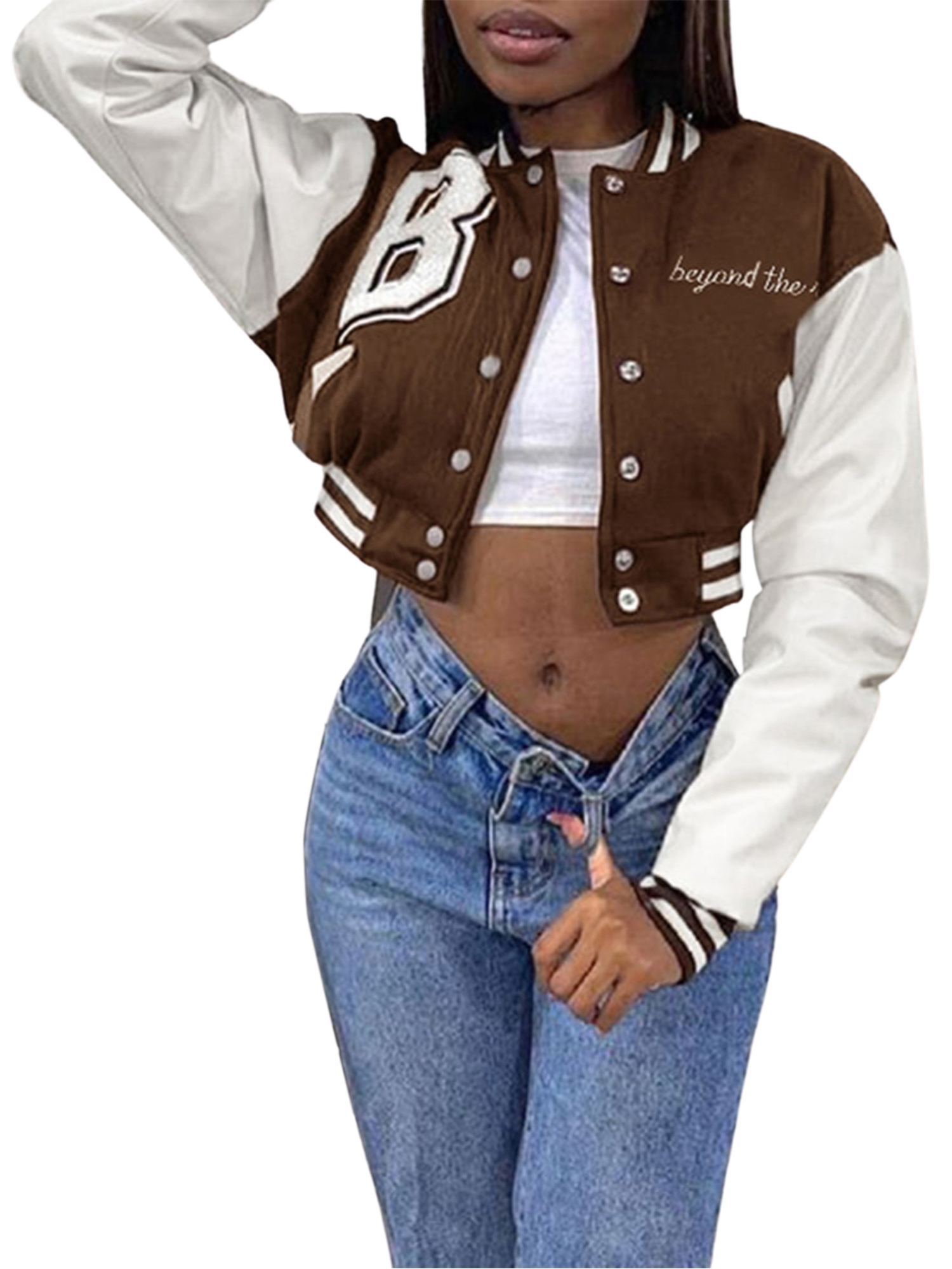 Veste Universitaire pour Femmes à Manches Longues, Veste de Baseball Courte, Manteaux Bomber