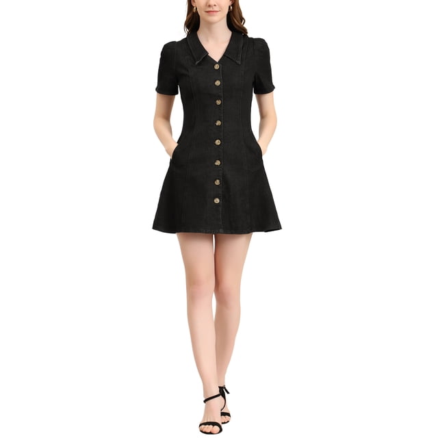 INSPIRE CHIC Robe pour Femme Manches Courtes Boutonnée Vintage Col Rabattu Robes en Denim L Noir