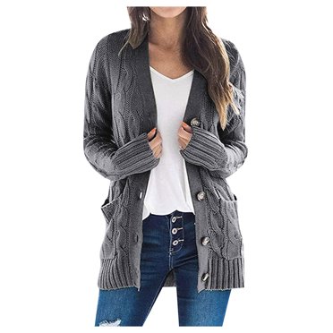 Pisexur Women's Long Sleeve Cable Knit Sweater Open Front Cardigan Button Loose Outerwear