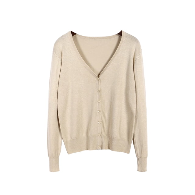 Innerwin Cardigan Sweater V Neck Ladies Coat Fall Solid Color Loose Outwear Apricot XL