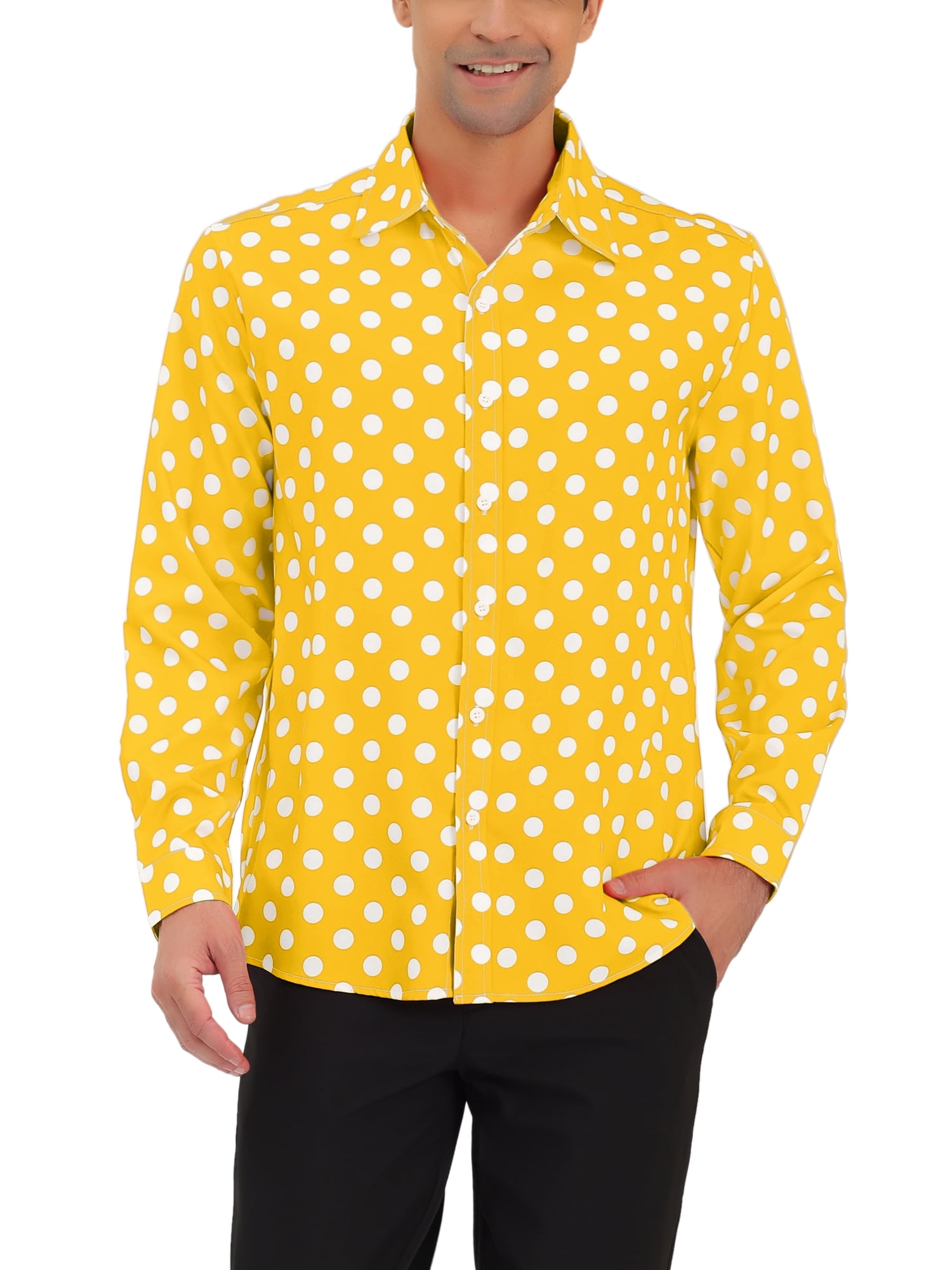 INSPIRE CHIC Men's Shirt Polka Dots Pattern Point Collar Long Sleeve Button Down Shirt 34 Yellow