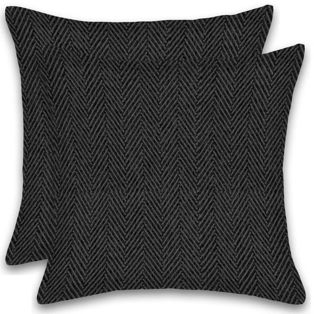 Herringbone Stripe Cotton Cushions Set of 2 Poly Filled With Zipper Machine Washable with two dark charcoal square throw pillows featuring a textured herringbone stripe pattern, crafted from breathable lightweight linen-feel cotton and filled with soft poly fill, suitable for decorative home use and comfort