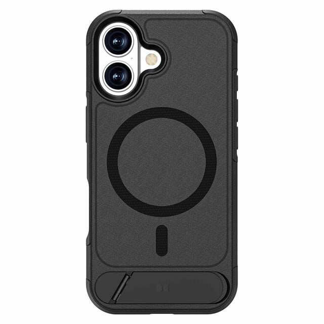 Blu Element Étui Blindé Ultra MagSafe avec Béquille Noir pour iPhone 17 avec Étui Antichoc Noir à Double Couche Présentant une surface Antidérapante Texturée, Cercle compatible MagSafe à l'Arrière, Découpes Précises pour Deux Caméras Arrière et flash, et Béquille Intégrée pour Visionnement Mains Libres.