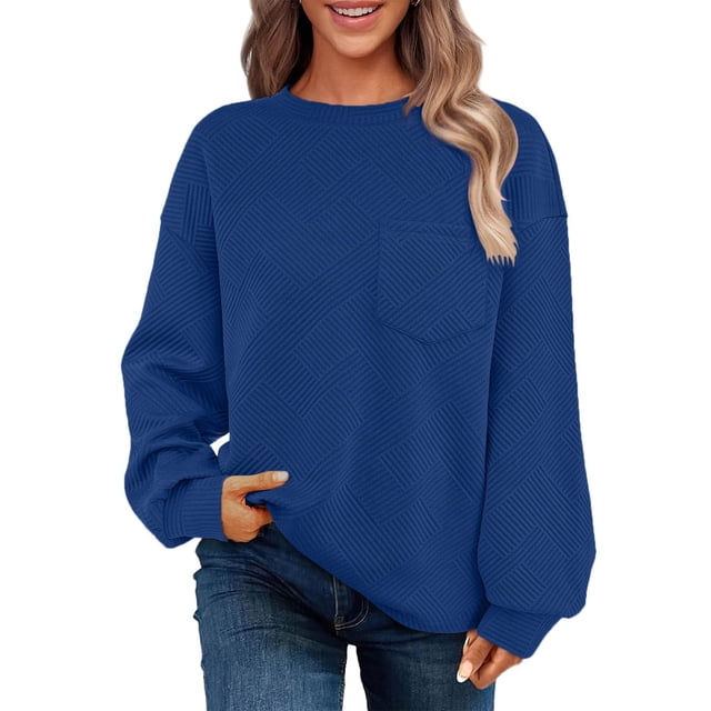 Chandail en Molleton Ultra Doux Texturé pour Femmes Col Rond Manches Longues Tuniques Blouses avec Poches Confort Décontracté Athlétique Chandail Blouses Tenues Automne Hiver