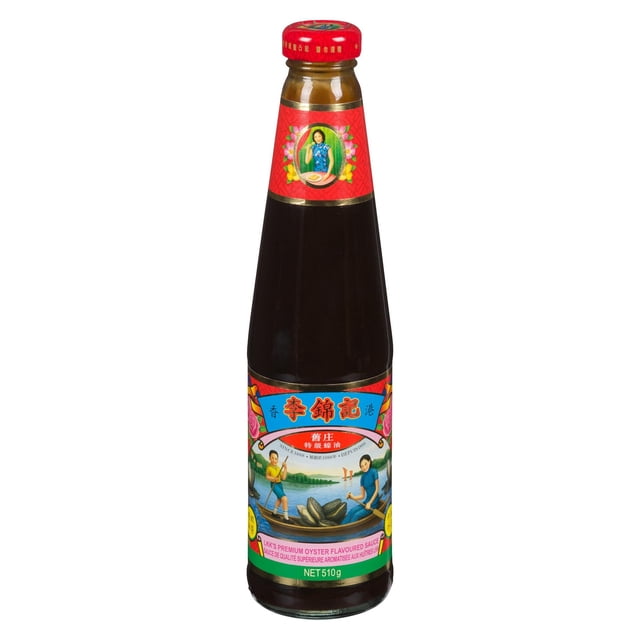 Lee Kum Kee Premium Oyster Sauce, 18 Oz glass bottle with red screw cap and colorful label featuring a traditional fishing scene and brand logo, suitable as a seafood condiment in pantry food and condiments category.